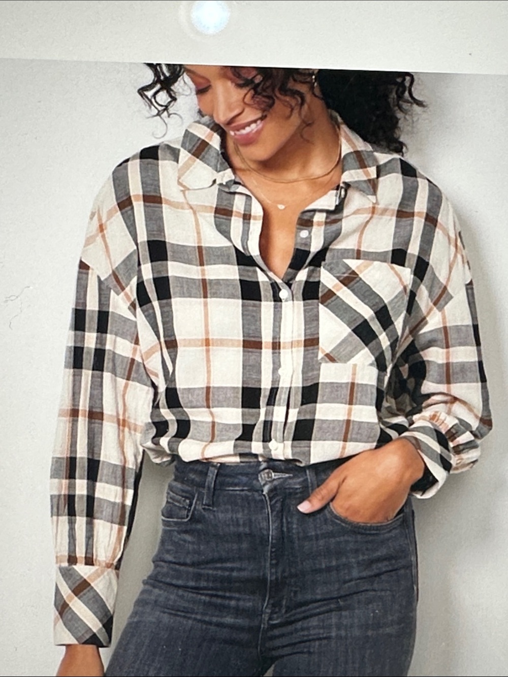 NWT Sanctuary Plaid Button-Down Shirt in Cream, Black, blush Tan Sz S